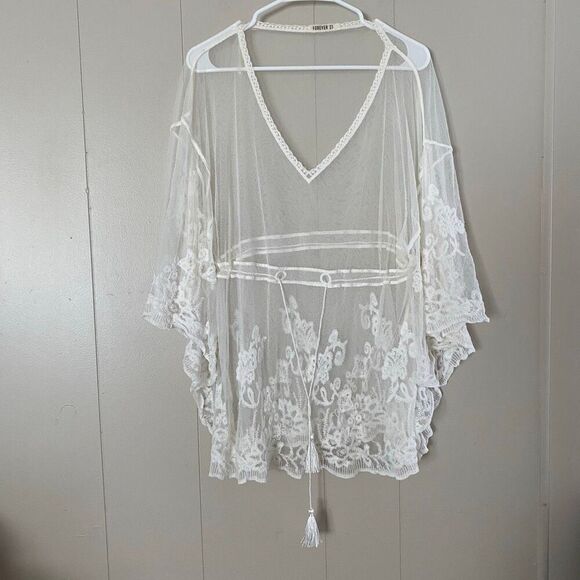 Forever 21 Tops - Forever 21 Sheer Lace Kimono White Boho Beach Cover Up Crochet Detail One Size